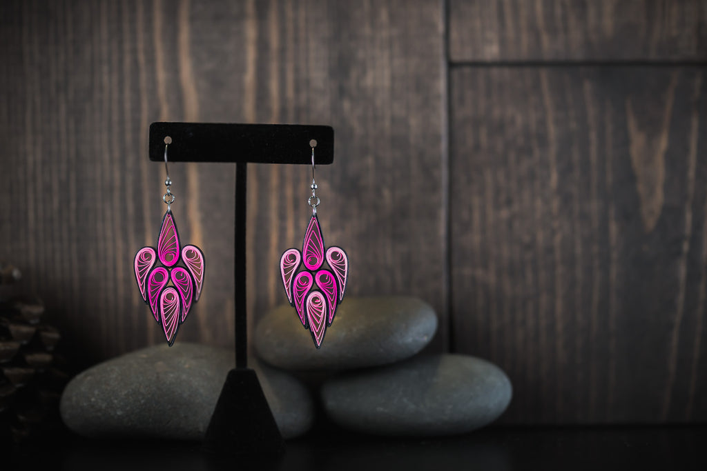 Rani Queen Long Pink Handmade Earrings, handmade paper quilling light weight earrings made in California, USA. Sustainable fashion and eco-friendly earrings.