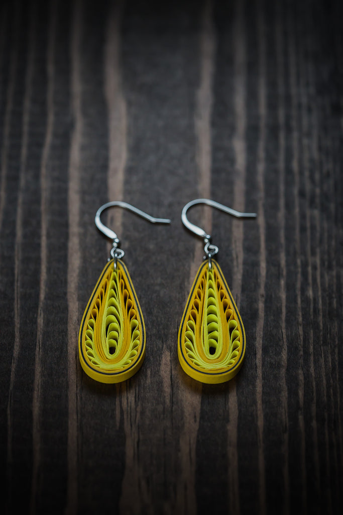 Zara Yellow Tear Drop Earrings, handmade paper quilling light weight earrings made in California, USA. Sustainable fashion and eco-friendly earrings.