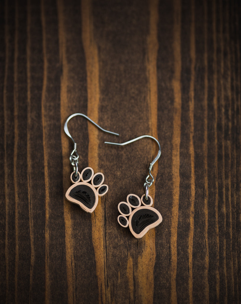 Dog Paw Dangle Earrings, handmade paper quilling light weight earrings made in California, USA. Sustainable fashion and eco-friendly earrings.