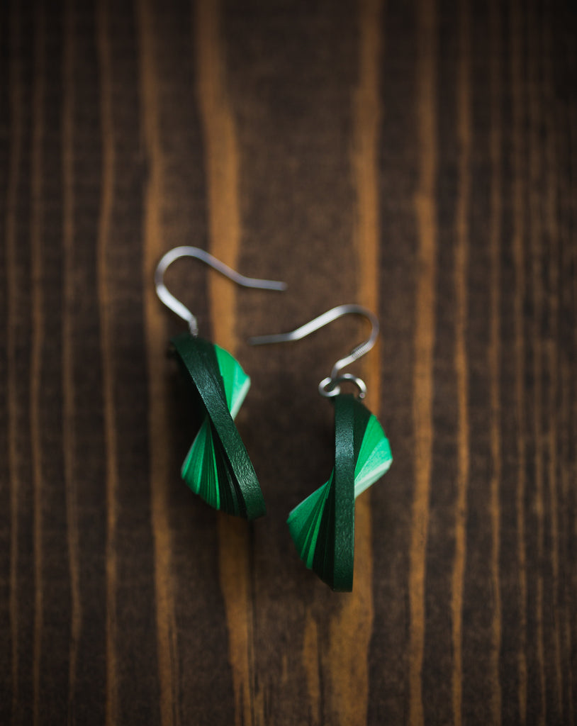 Haritha Jade Green Earrings, handmade paper quilling light weight earrings made in California, USA. Sustainable fashion and eco-friendly earrings.