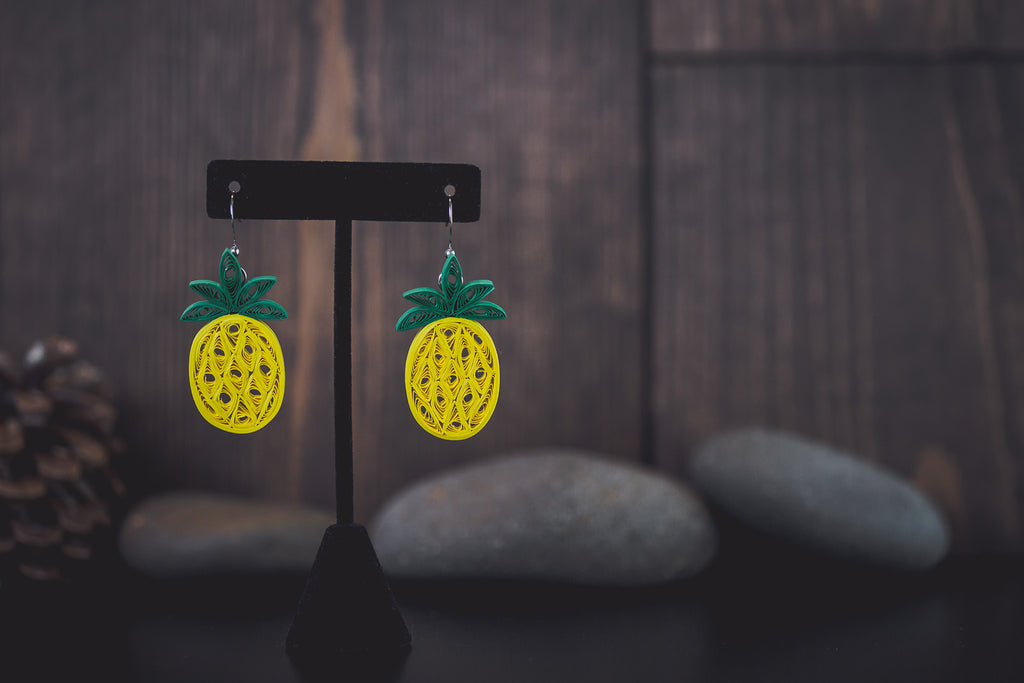 Pineapple Fruit Earrings, handmade paper quilling light weight earrings made in California, USA. Sustainable fashion and eco-friendly earrings.