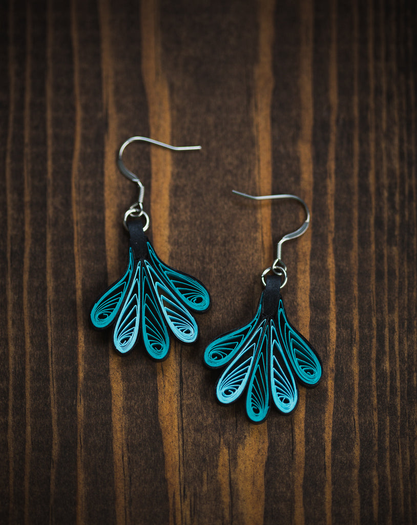 Waja Wing Turquoise Aqua Earrings, handmade paper quilling light weight earrings made in California, USA. Sustainable fashion and eco-friendly earrings.