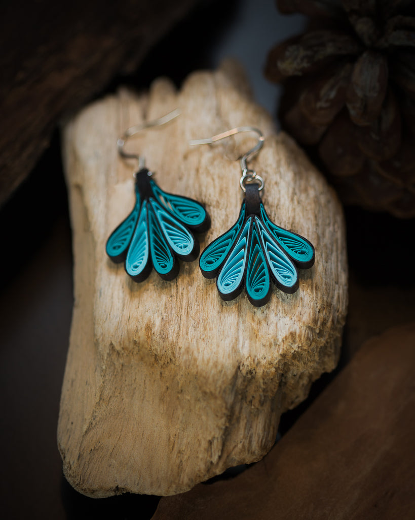 Waja Wing Turquoise Aqua Earrings, handmade paper quilling light weight earrings made in California, USA. Sustainable fashion and eco-friendly earrings.
