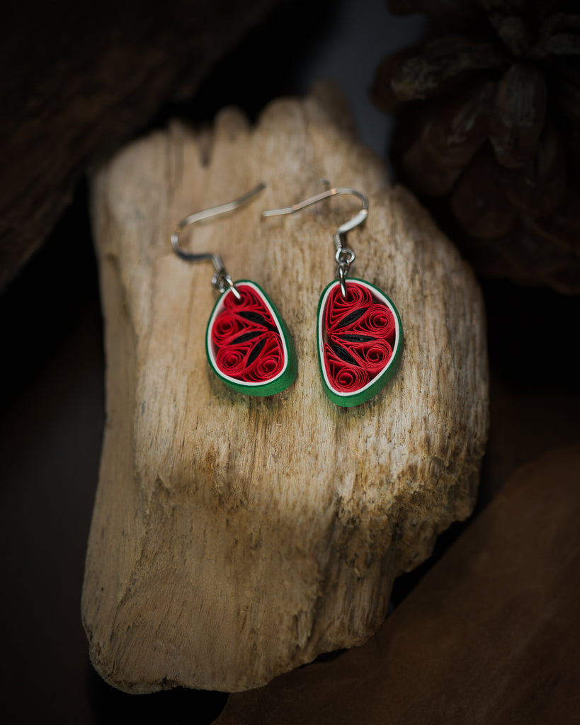 Kaligga Watermelon Fruit Earrings, handmade paper quilling light weight earrings made in California, USA. Sustainable fashion and eco-friendly earrings.