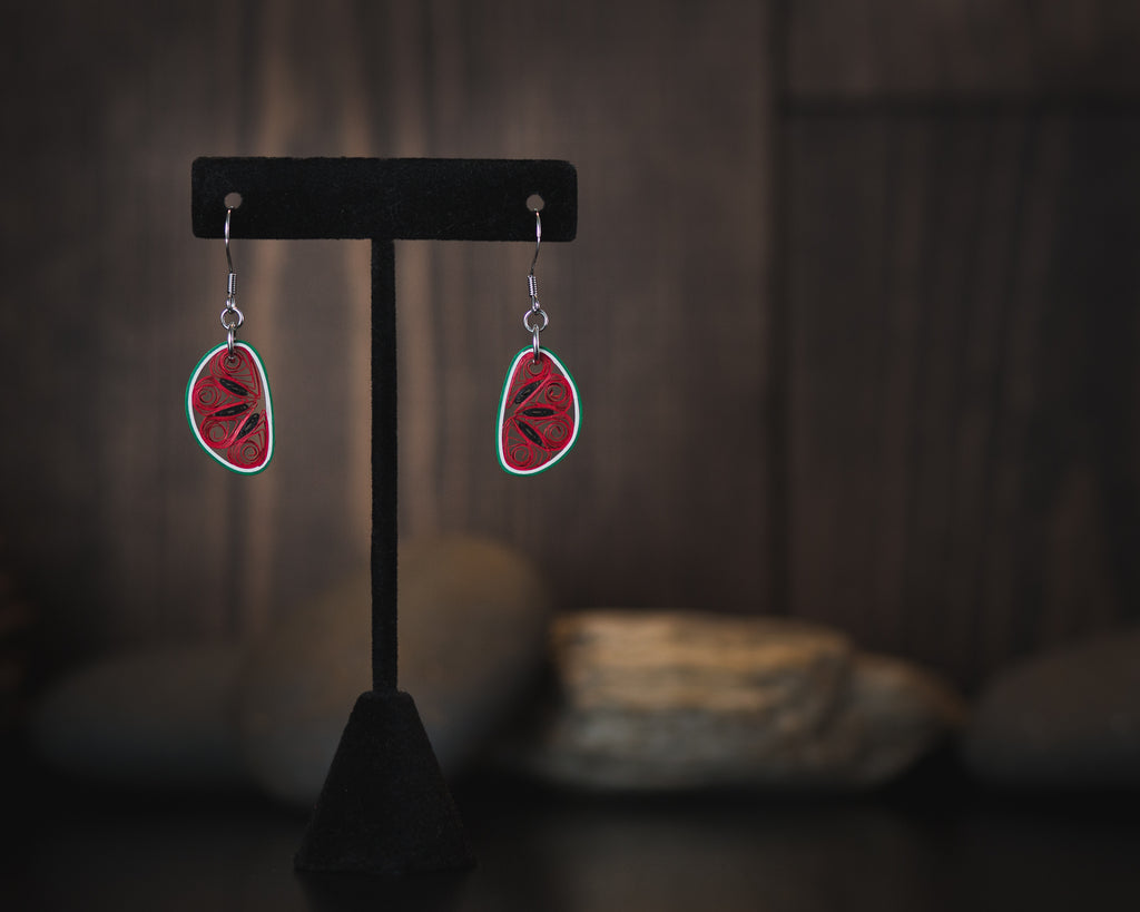 Kaligga Watermelon Fruit Earrings, handmade paper quilling light weight earrings made in California, USA. Sustainable fashion and eco-friendly earrings.