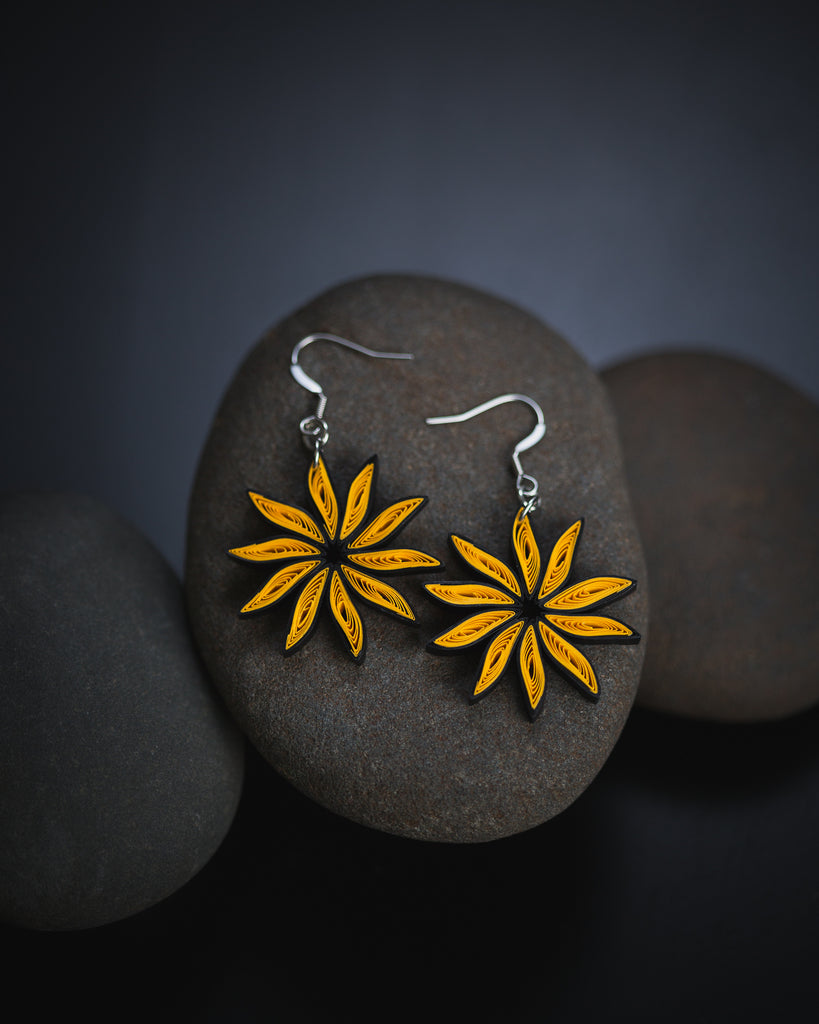 SuryaMukhi Sunflower Earrings, handmade paper quilling light weight earrings made in California, USA. Sustainable fashion and eco-friendly earrings.