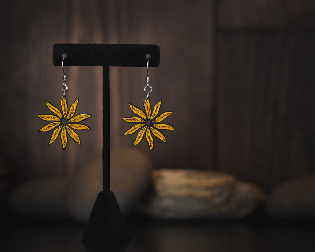 SuryaMukhi Sunflower Earrings, handmade paper quilling light weight earrings made in California, USA. Sustainable fashion and eco-friendly earrings.