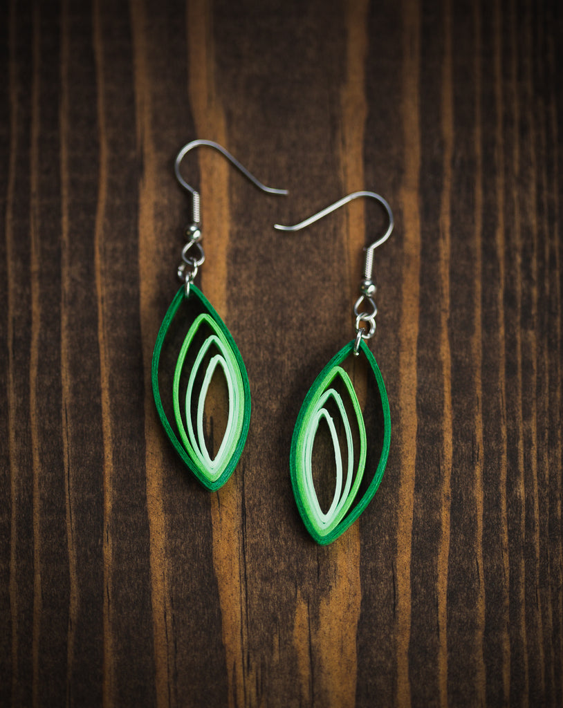 Palash Green Earrings, handmade paper quilling light weight earrings made in California, USA. Sustainable fashion and eco-friendly earrings.