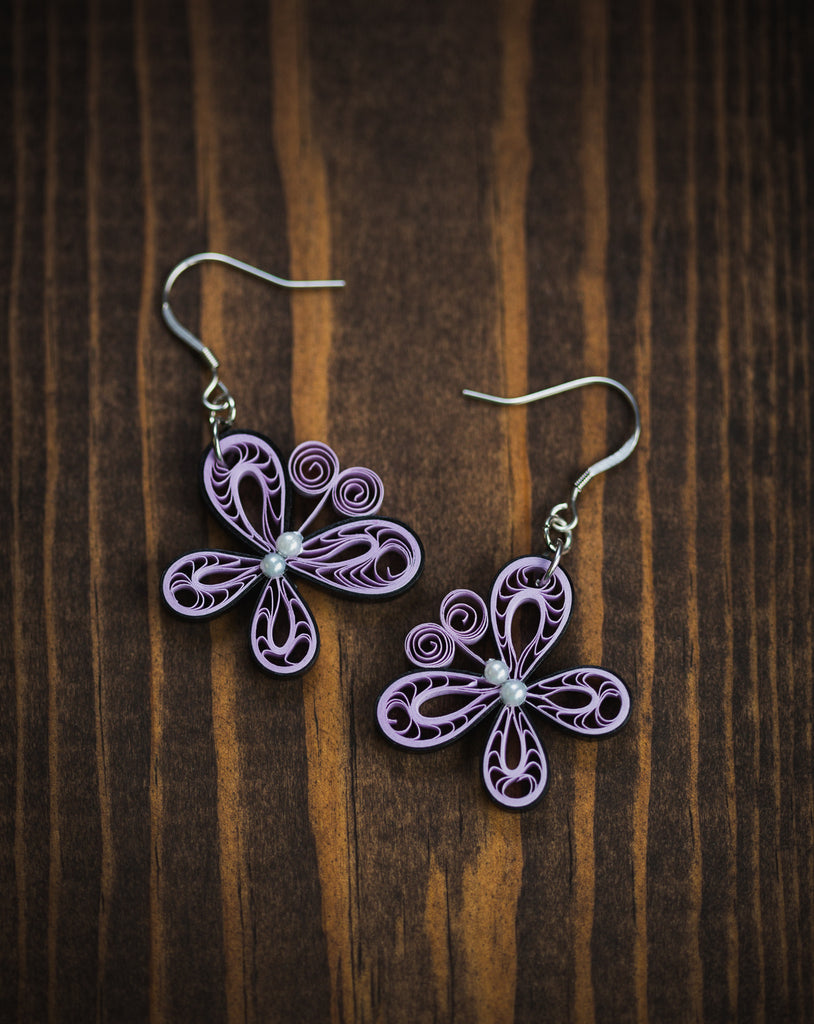 Purple Butterfly Earrings, handmade paper quilling light weight earrings made in California, USA. Sustainable fashion and eco-friendly earrings.
