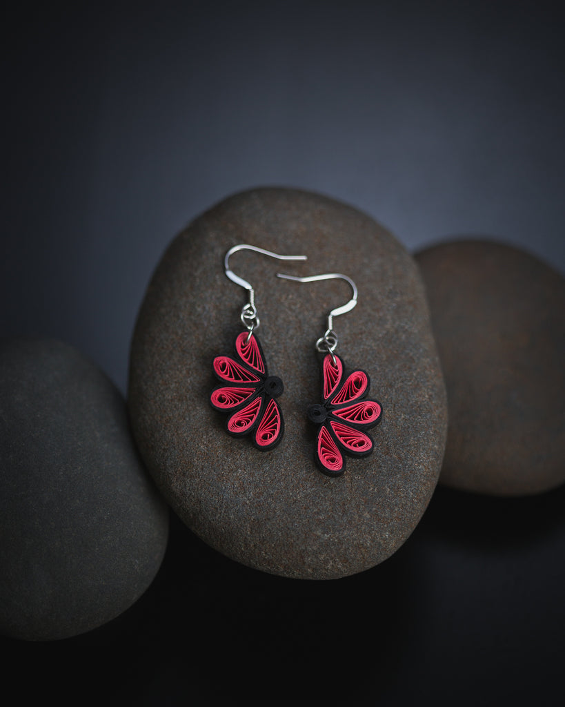Kausuma Flower Boho Flower Earrings, handmade paper quilling light weight earrings made in California, USA. Sustainable fashion and eco-friendly earrings.