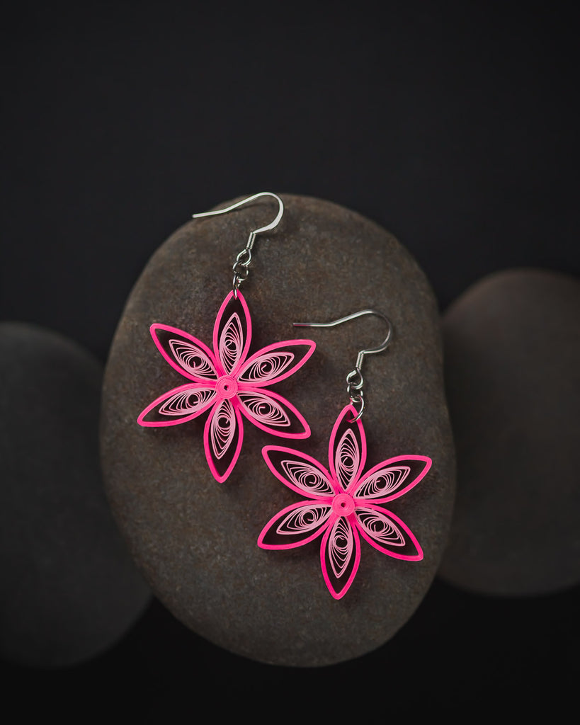 Manica Pink Flower Earrings, handmade paper quilling light weight earrings made in California, USA. Sustainable fashion and eco-friendly earrings.
