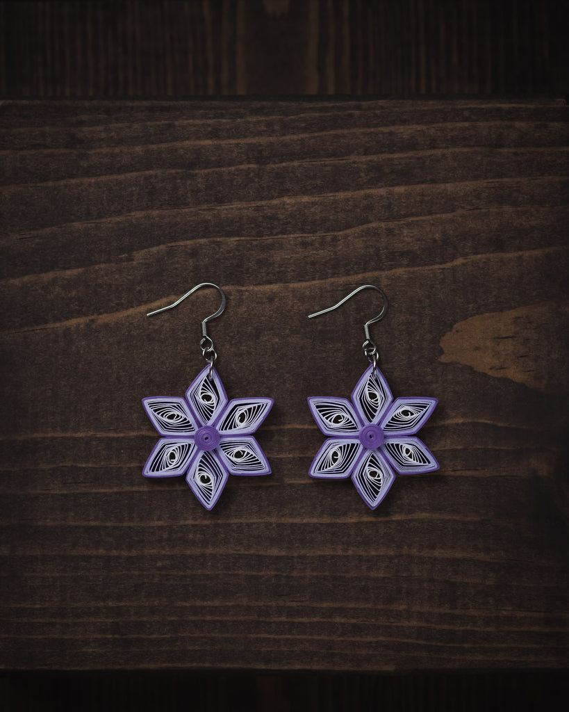 Tara Purple Star Earrings, handmade paper quilling light weight earrings made in California, USA. Sustainable fashion and eco-friendly earrings.