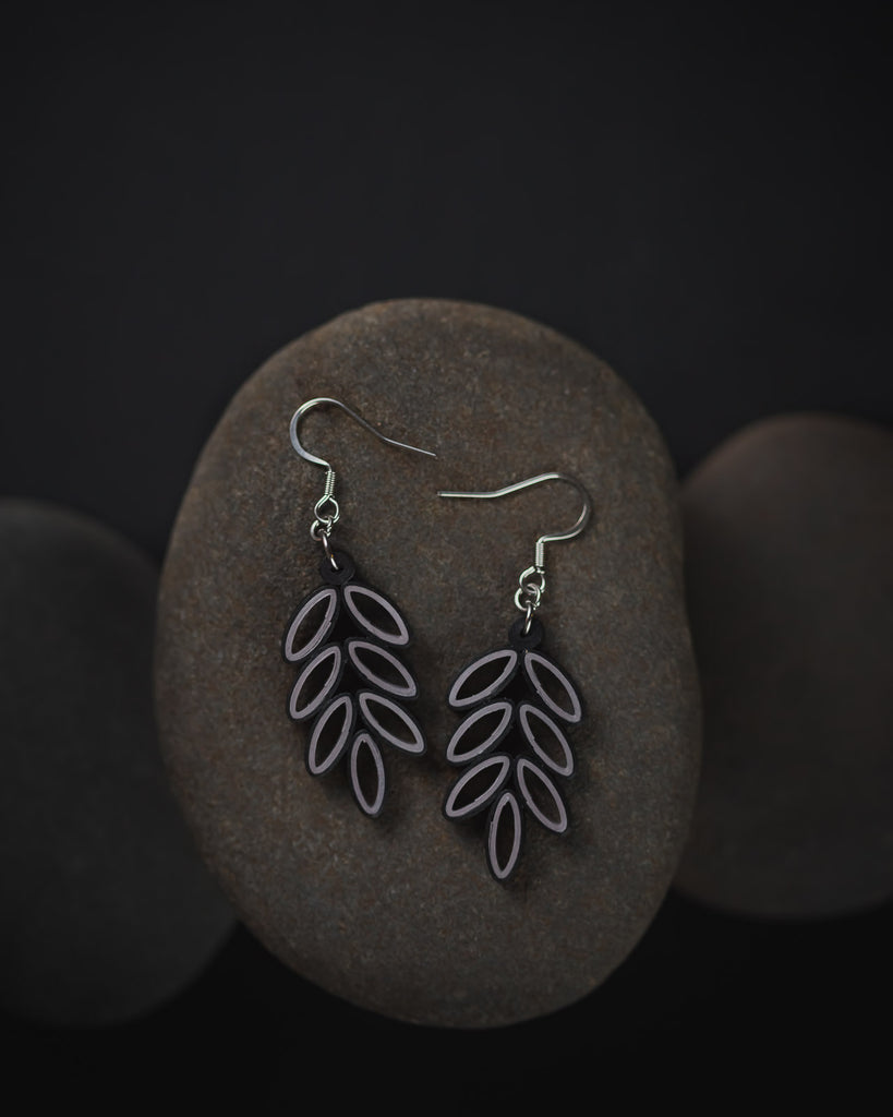 Pattrin Black Earrings, handmade paper quilling light weight earrings made in California, USA. Sustainable fashion and eco-friendly earrings.