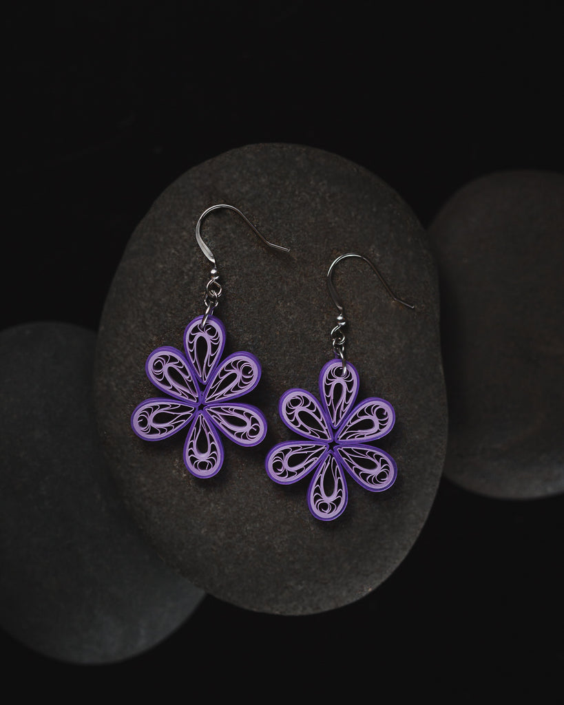 Vrista Purple Filigree Teardrop Earrings, handmade paper quilling light weight earrings made in California, USA. Sustainable fashion and eco-friendly earrings.