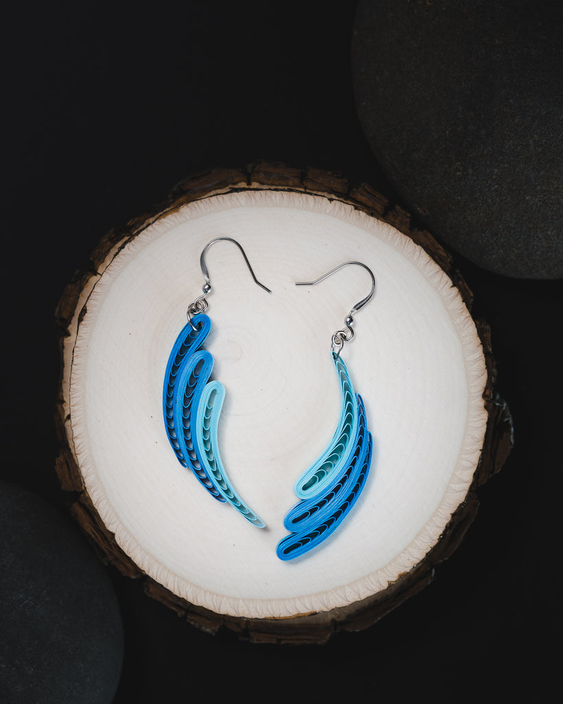 Urmi Waves Sky Blue Long Earrings, handmade paper quilling light weight earrings made in California, USA. Sustainable fashion and eco-friendly earrings.