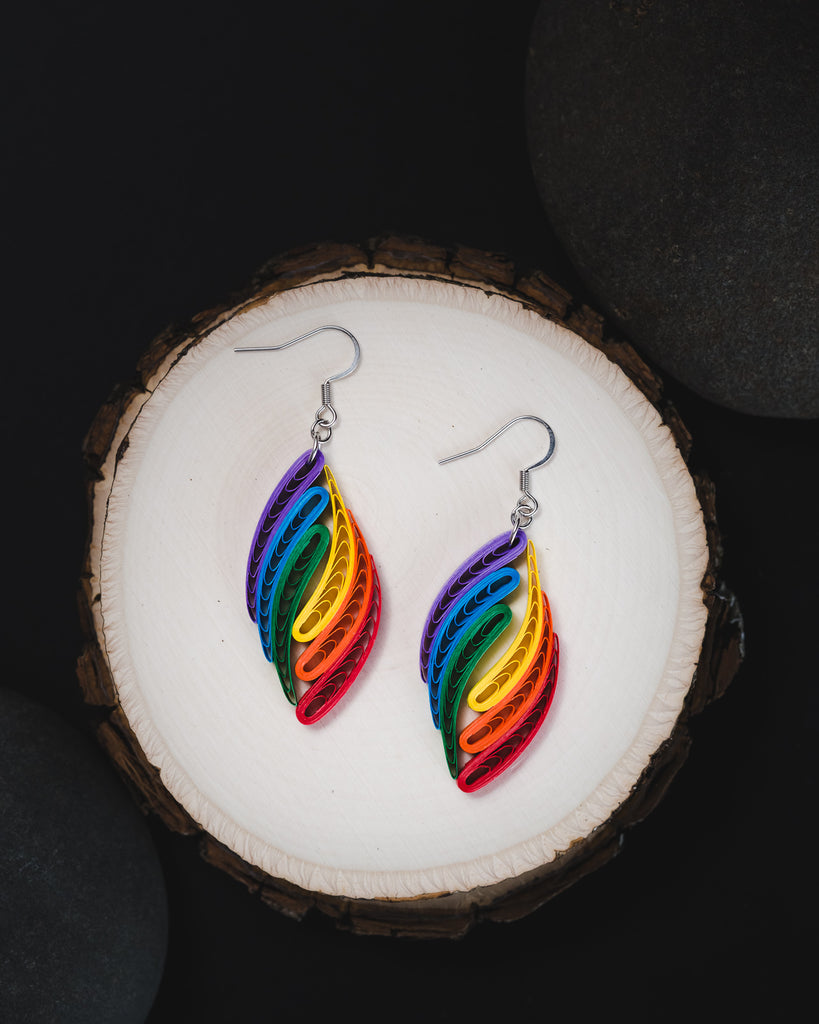 Relic Rainbow Gay Pride Paper Earrings, handmade paper quilling light weight earrings made in California, USA. Sustainable fashion and eco-friendly earrings.