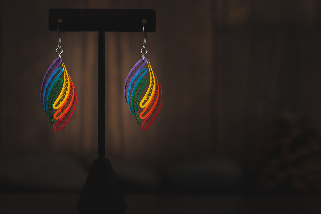 Relic Rainbow Gay Pride Paper Earrings, handmade paper quilling light weight earrings made in California, USA. Sustainable fashion and eco-friendly earrings.