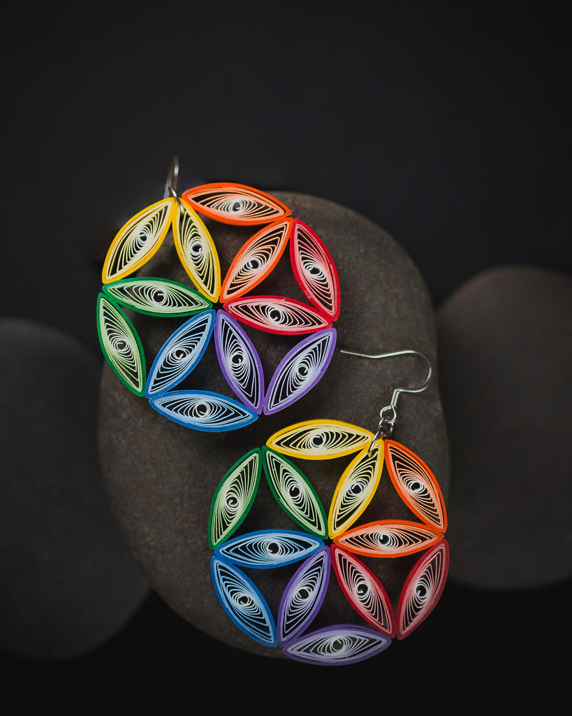 Mandala Rainbow Earrings, handmade paper quilling light weight earrings made in California, USA. Sustainable fashion and eco-friendly earrings.