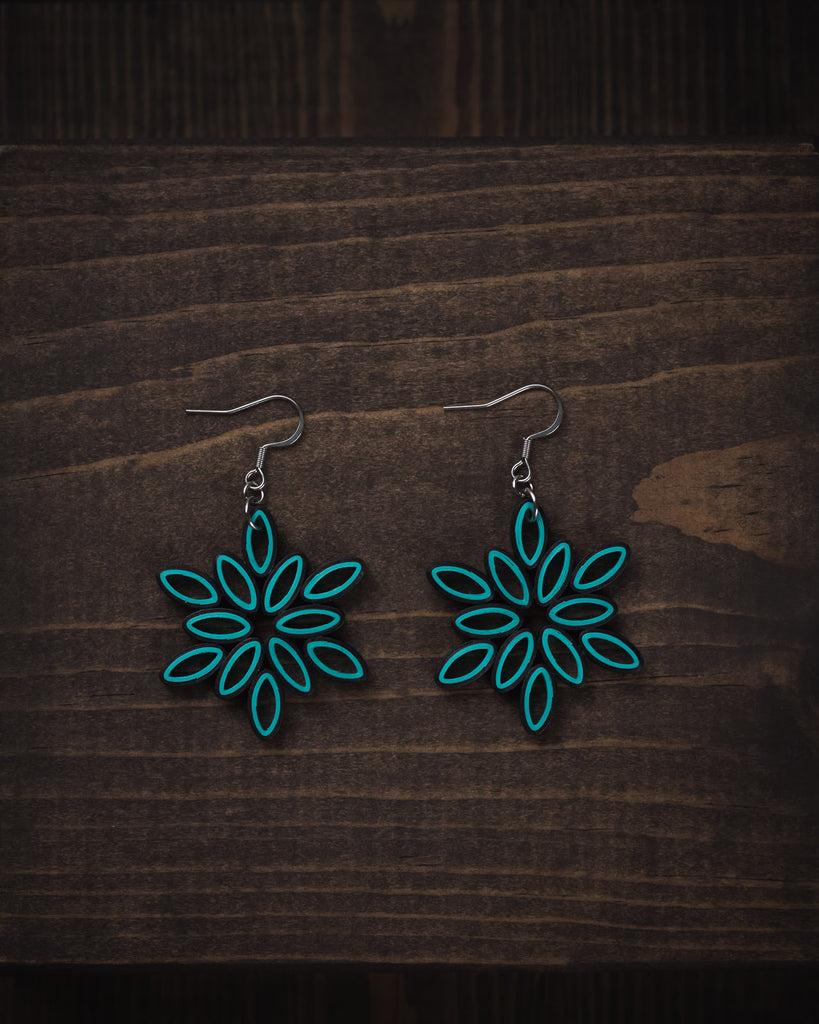 Samudra Turquoise Flower Dangle Earrings, handmade paper quilling light weight earrings made in California, USA. Sustainable fashion and eco-friendly earrings.