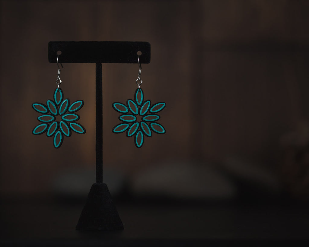 Samudra Turquoise Flower Dangle Earrings, handmade paper quilling light weight earrings made in California, USA. Sustainable fashion and eco-friendly earrings.