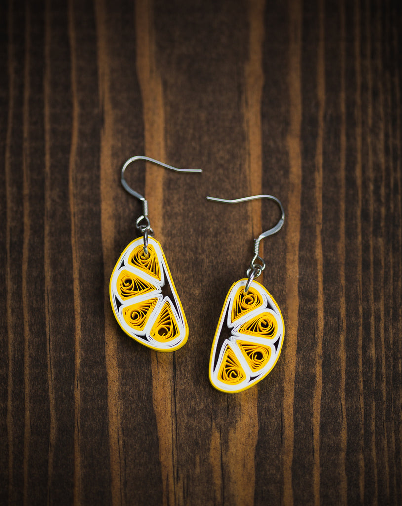 Nimbu Lemon Fruit Earrings, handmade paper quilling light weight earrings made in California, USA. Sustainable fashion and eco-friendly earrings.