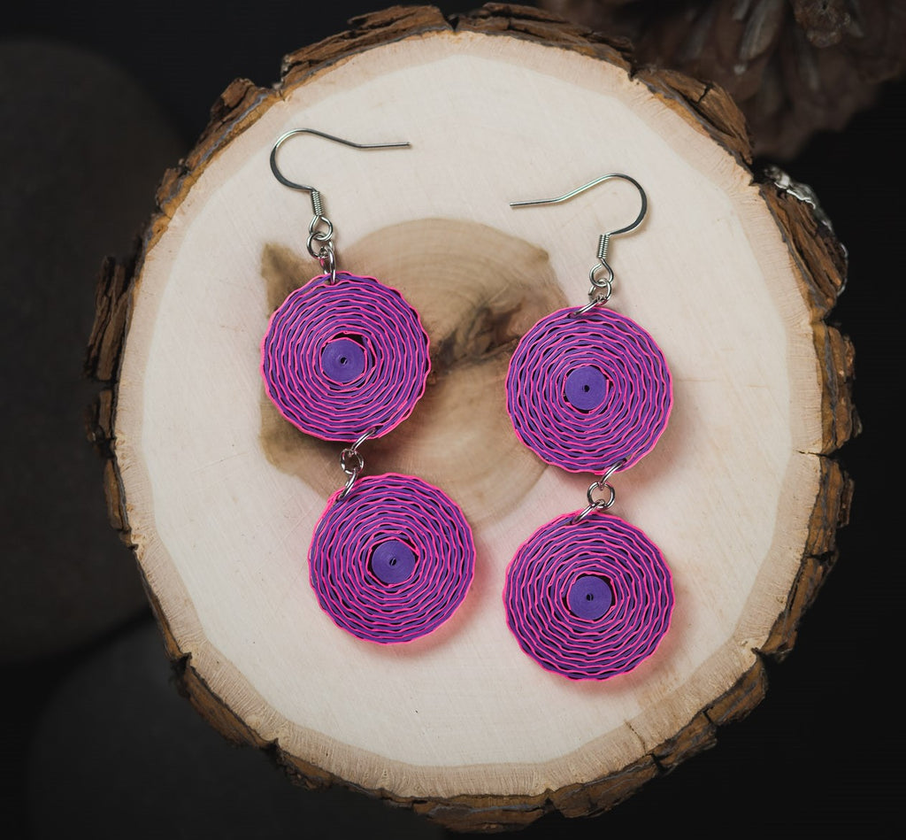 Neelakshi Pink Long Earrings, handmade paper quilling light weight earrings made in California, USA. Sustainable fashion and eco-friendly earrings.