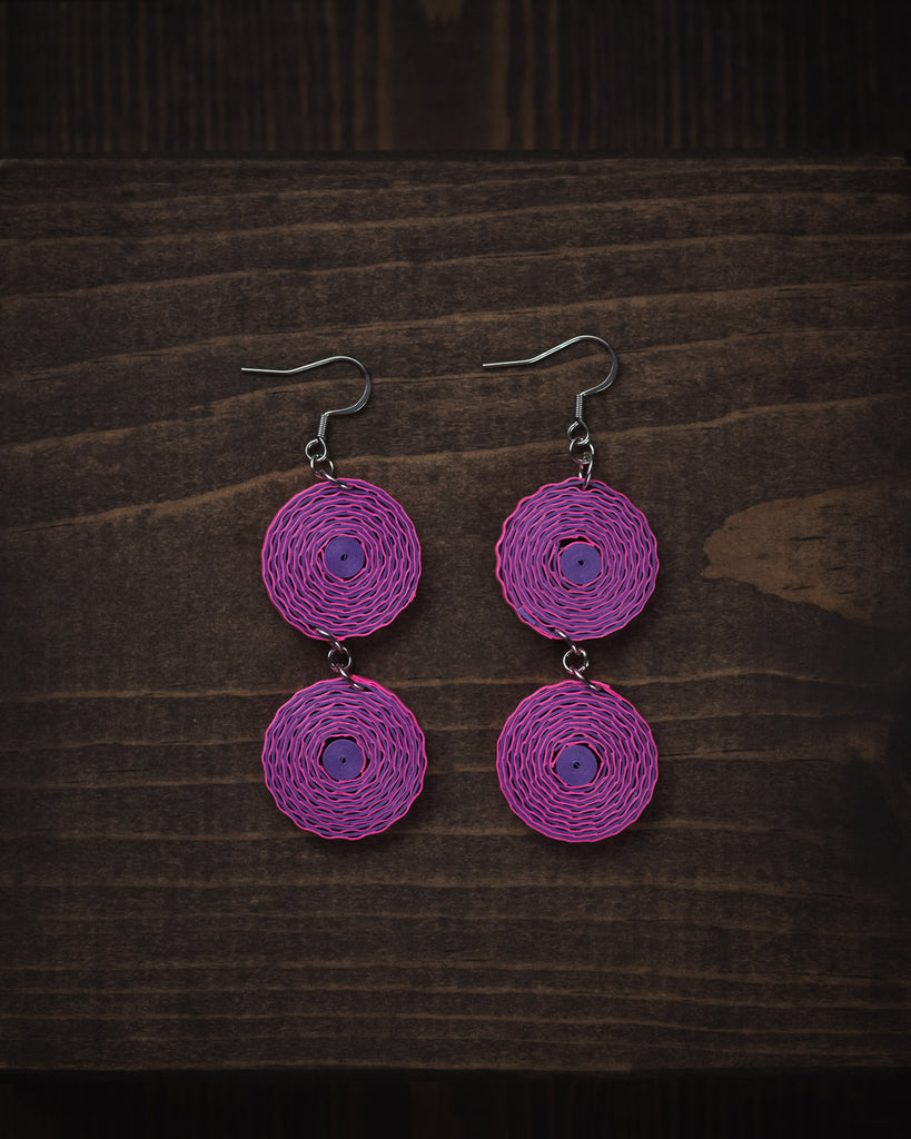 Neelakshi Pink Long Earrings, handmade paper quilling light weight earrings made in California, USA. Sustainable fashion and eco-friendly earrings.