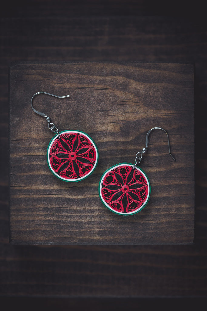 Kaligga Round Watermelon Fruit Earrings, handmade paper quilling light weight earrings made in California, USA. Sustainable fashion and eco-friendly earrings.