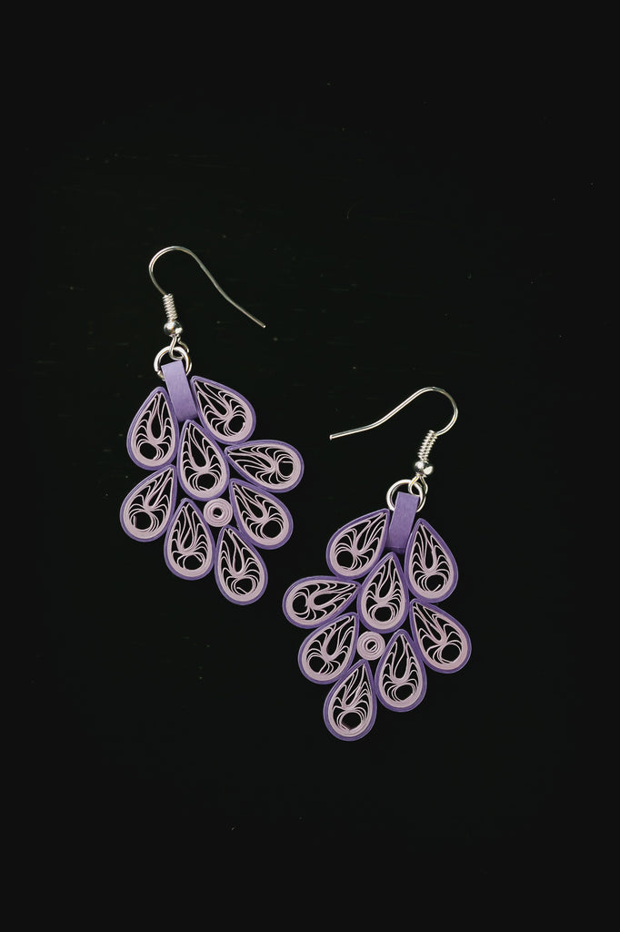Vasantha Spring Long Purple Earrings, handmade paper quilling light weight earrings made in California, USA. Sustainable fashion and eco-friendly earrings.