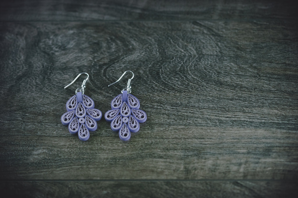 Vasantha Spring Long Purple Earrings, handmade paper quilling light weight earrings made in California, USA. Sustainable fashion and eco-friendly earrings.