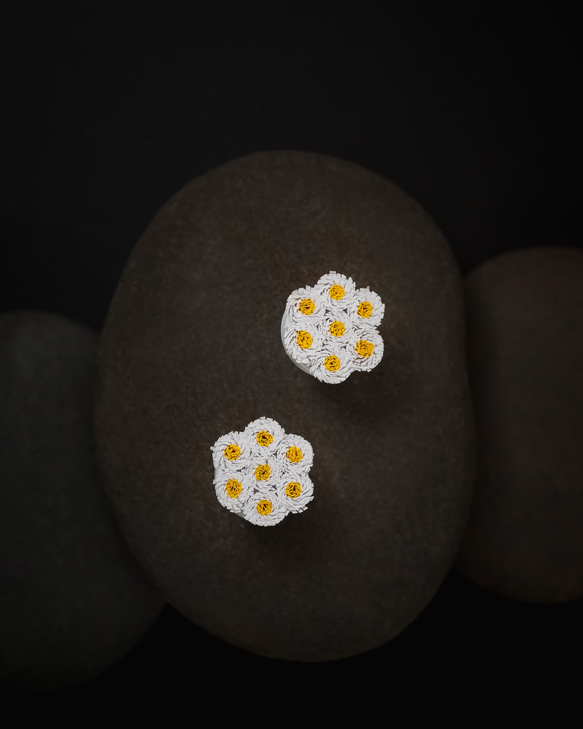 Yellow Daisy Stud Paper Quilling Earrings, handmade paper quilling light weight earrings made in California, USA. Sustainable fashion and eco-friendly earrings.