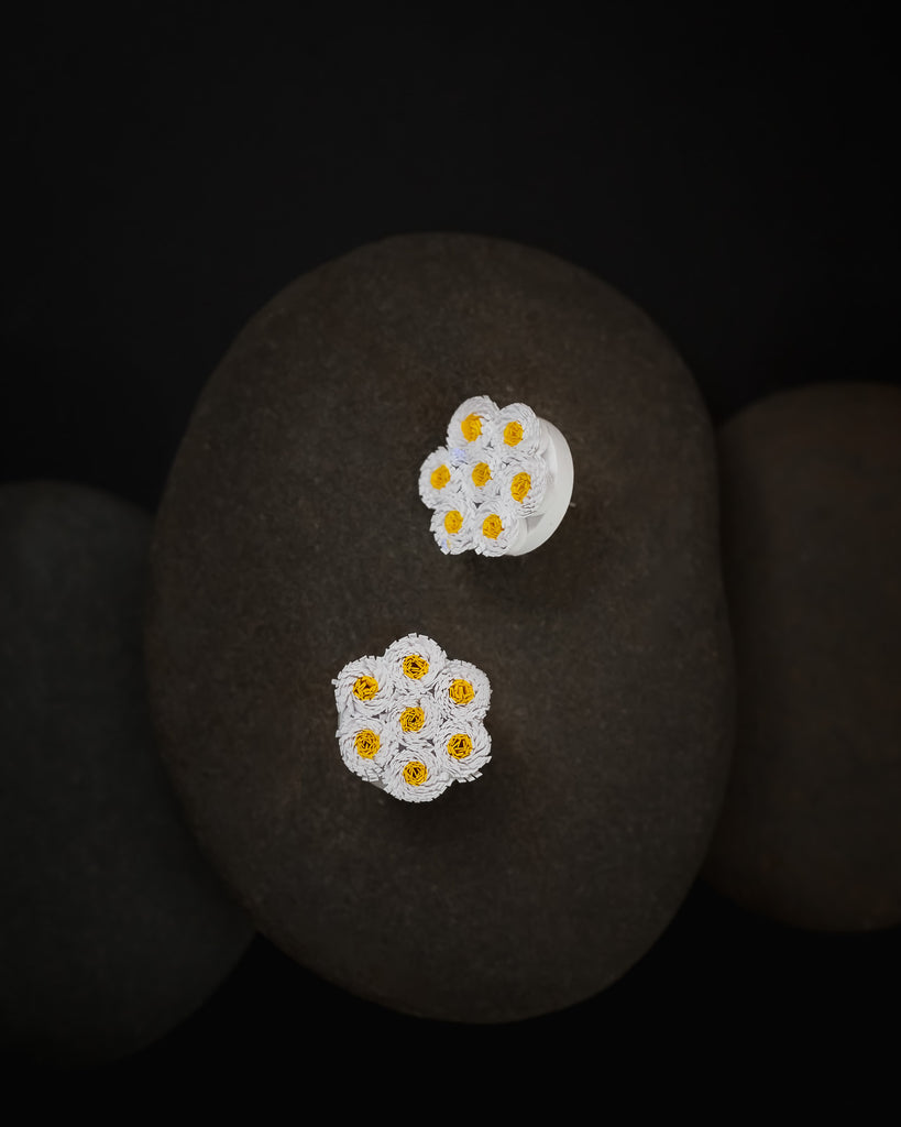 Yellow Daisy Stud Paper Quilling Earrings, handmade paper quilling light weight earrings made in California, USA. Sustainable fashion and eco-friendly earrings.
