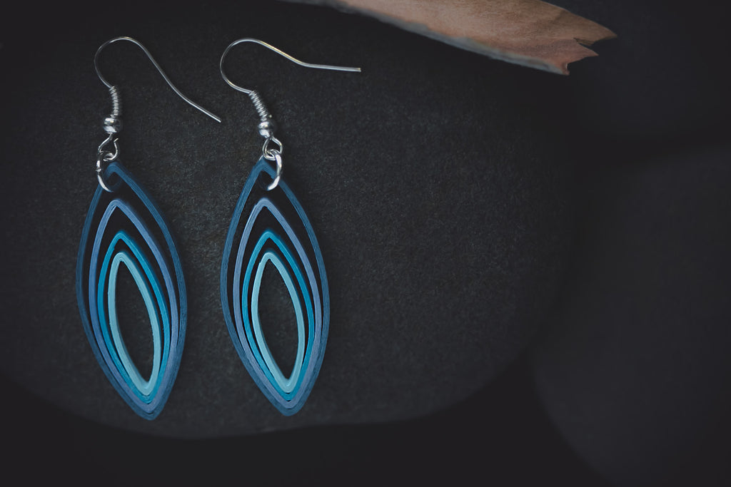 Sikara Peak Blue Teardrop Earrings, handmade paper quilling light weight earrings made in California, USA. Sustainable fashion and eco-friendly earrings.