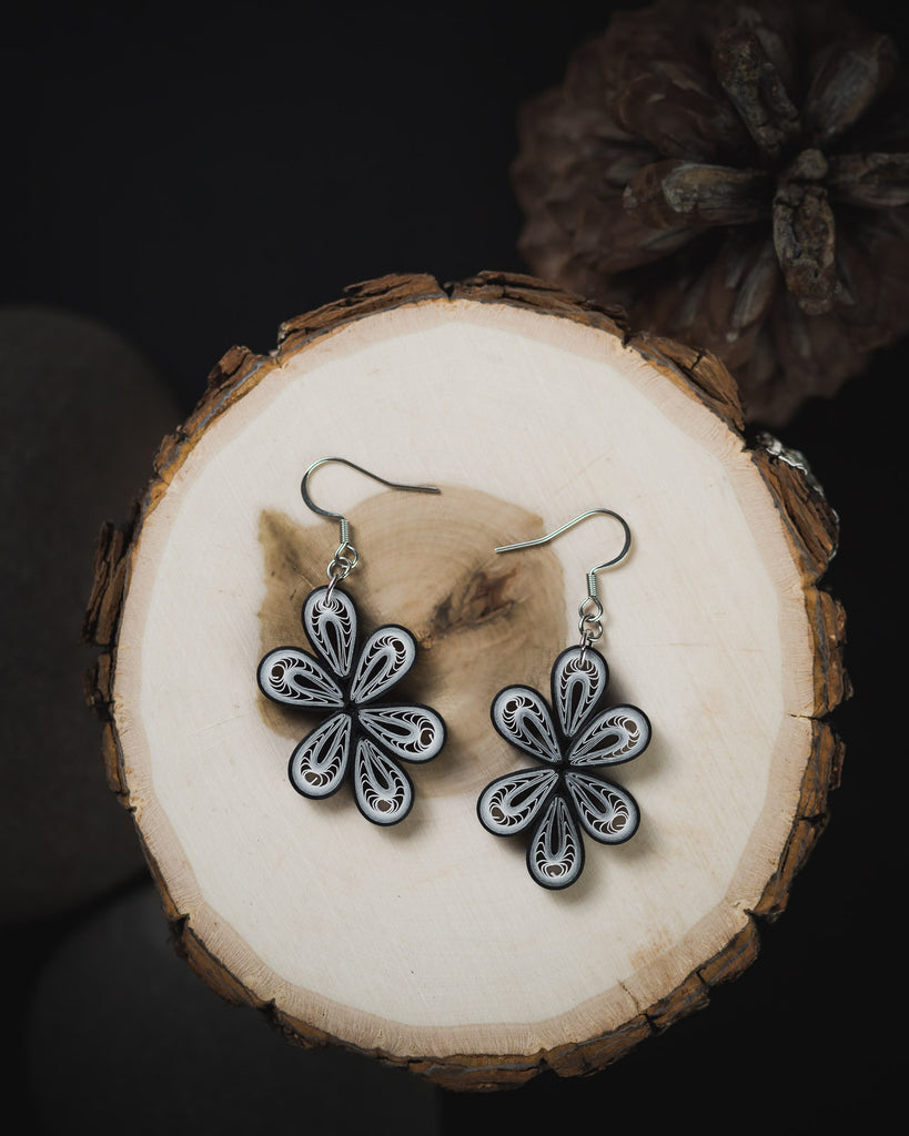 Sudha Pristine Black and White Earrings, handmade paper quilling light weight earrings made in California, USA. Sustainable fashion and eco-friendly earrings.