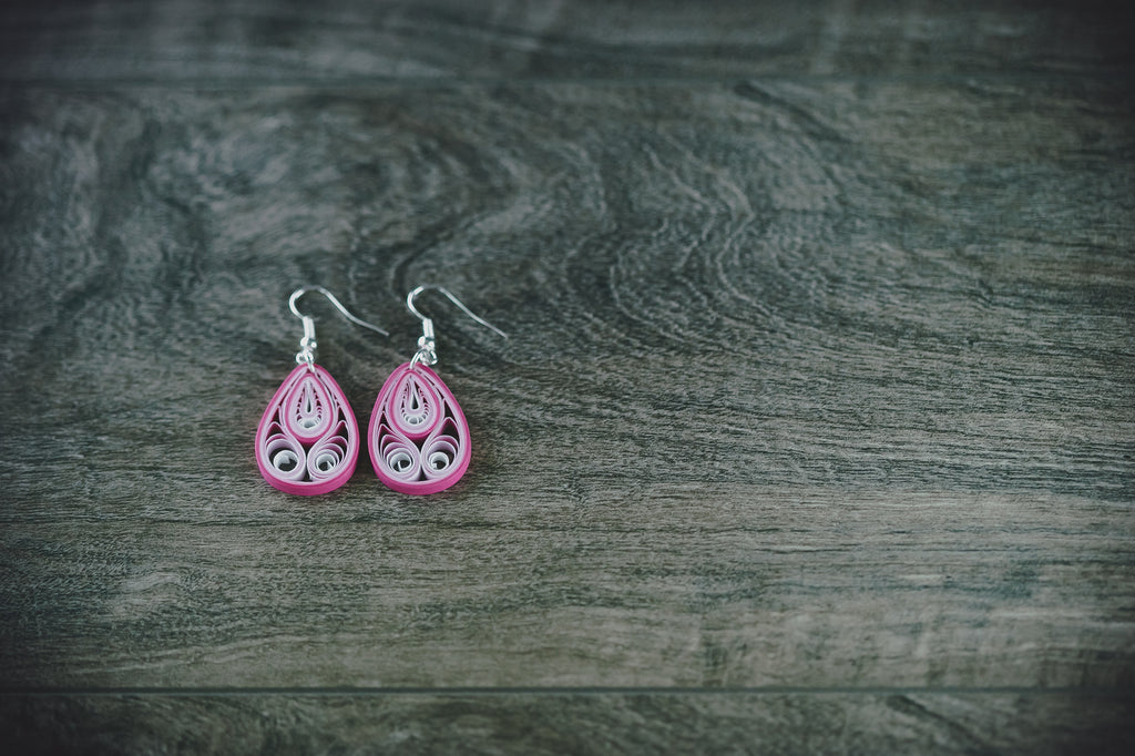 Mukula Bud Pink Boho Teardrop Earrings, handmade paper quilling light weight earrings made in California, USA. Sustainable fashion and eco-friendly earrings.