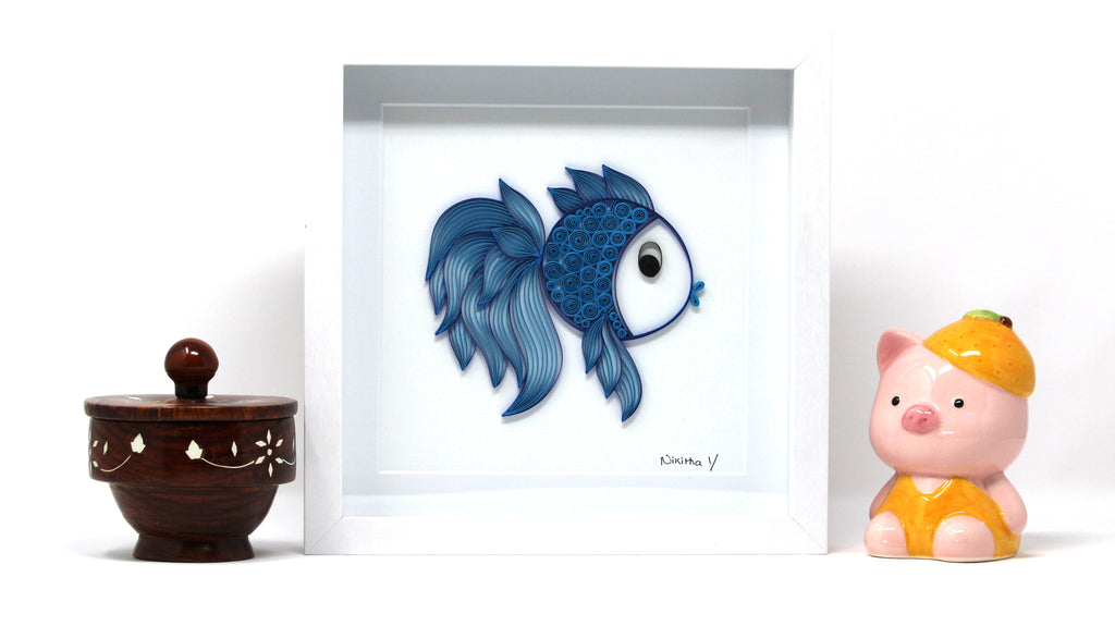Matsya Fish Framed Paper Quilling Art Work, Handmade paper quilling artwork made in California, USA. Sustainable and eco-friendly art work created by an artist in the bay area.
