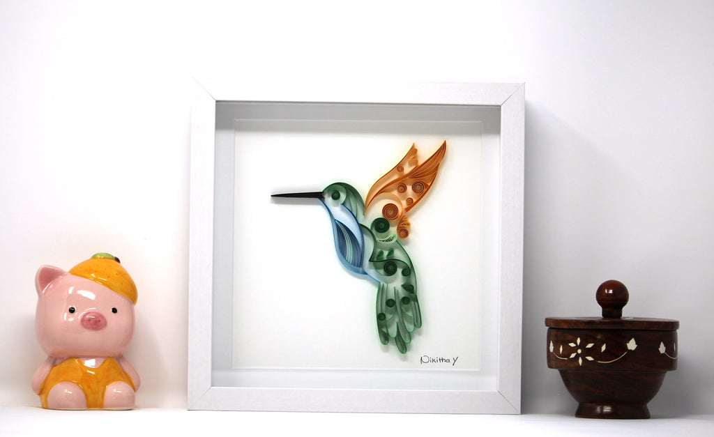 Trochidde - Humming Bird Artwork, Handmade paper quilling artwork made in California, USA. Sustainable and eco-friendly art work created by an artist in the bay area.