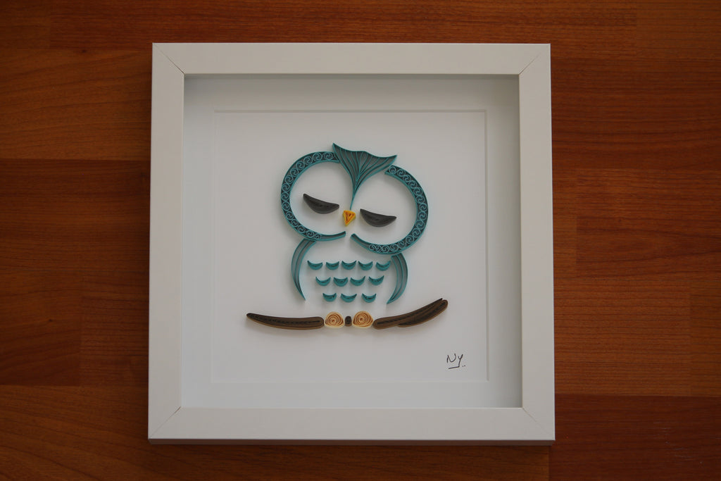 Ullukh Owl Wall Art, Handmade paper quilling artwork made in California, USA. Sustainable and eco-friendly art work created by an artist in the bay area.