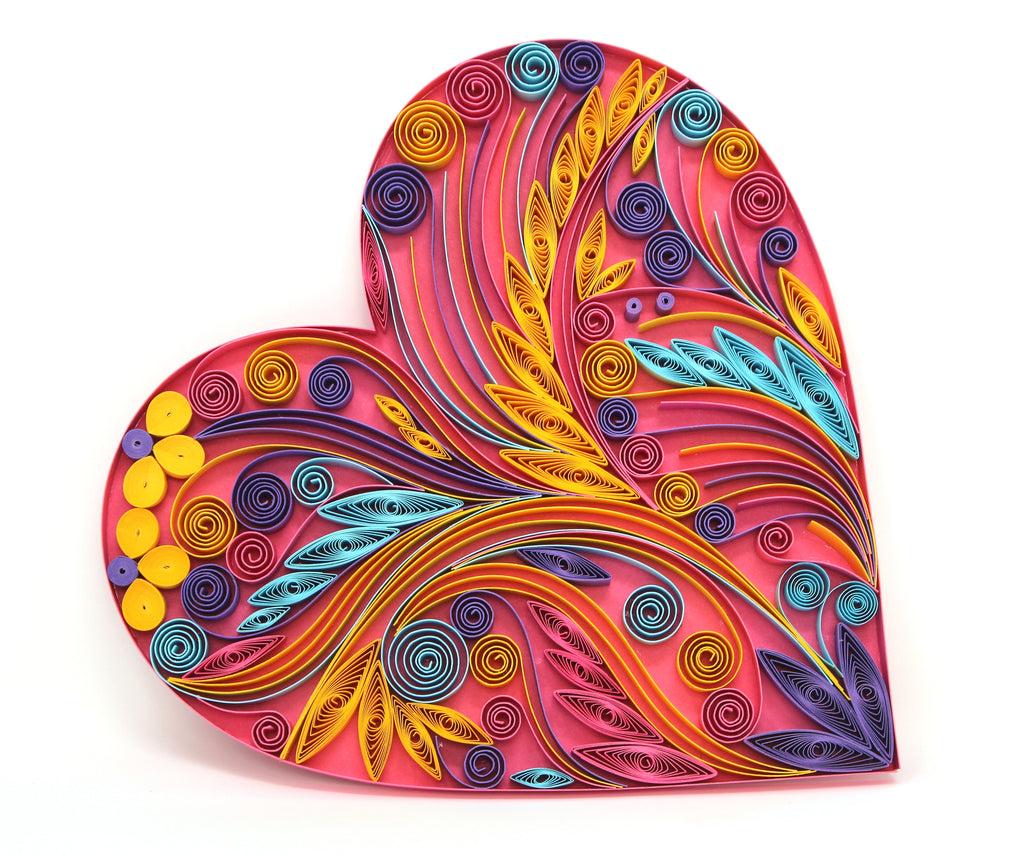 Pink Heart Paper Quilled Art Work, Handmade paper quilling artwork made in California, USA. Sustainable and eco-friendly art work created by an artist in the bay area.