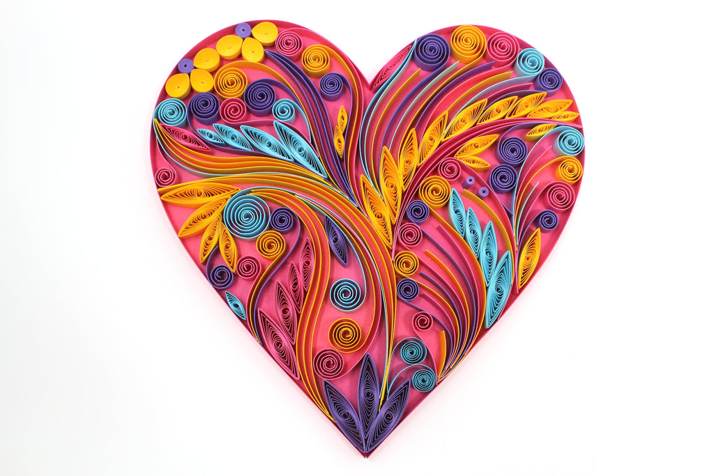 Pink Heart Paper Quilled Art Work, Handmade paper quilling artwork made in California, USA. Sustainable and eco-friendly art work created by an artist in the bay area.