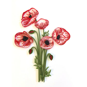 Poppies Artwork, Handmade paper quilling artwork made in California, USA. Sustainable and eco-friendly art work created by an artist in the bay area.