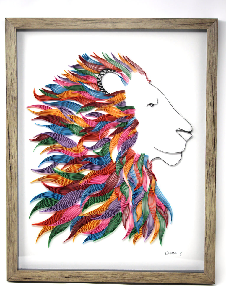 Lion, Handmade paper quilling artwork made in California, USA. Sustainable and eco-friendly art work created by an artist in the bay area.