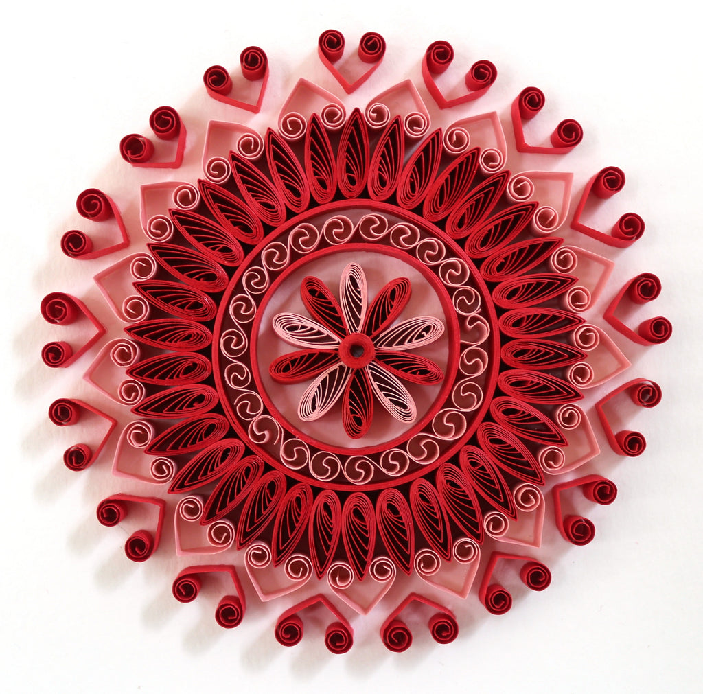 Rudhira Red Paper Quilling Yoga Mandala Art Work - 1st anniversary gift for her - Sacred Geometry, Handmade paper quilling artwork made in California, USA. Sustainable and eco-friendly art work created by an artist in the bay area.