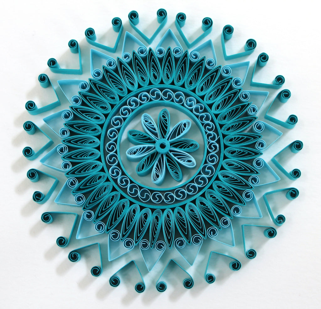 Peraja Turquoise Paper Quilling Yoga Mandala Art Work, Handmade paper quilling artwork made in California, USA. Sustainable and eco-friendly art work created by an artist in the bay area.