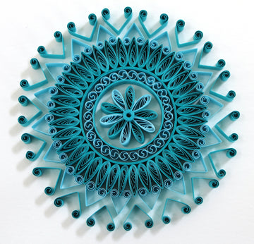 Peraja Turquoise Paper Quilling Yoga Mandala Art Work, Handmade paper quilling artwork made in California, USA. Sustainable and eco-friendly art work created by an artist in the bay area.