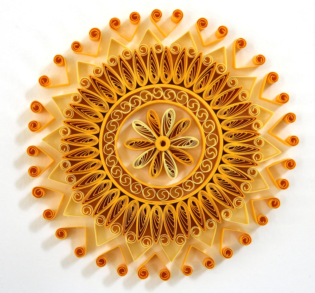 Zara Yellow Paper Quilling Yoga Mandala Art Work, Handmade paper quilling artwork made in California, USA. Sustainable and eco-friendly art work created by an artist in the bay area.
