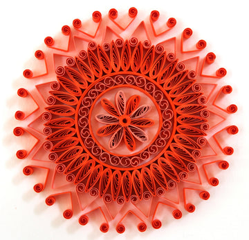 Ravista - Orange Paper Quilling Yoga Mandala Art Work, Handmade paper quilling artwork made in California, USA. Sustainable and eco-friendly art work created by an artist in the bay area.