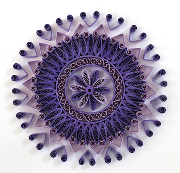 Zona Purple Paper Quilling Yoga Mandala Art Work, Handmade paper quilling artwork made in California, USA. Sustainable and eco-friendly art work created by an artist in the bay area.