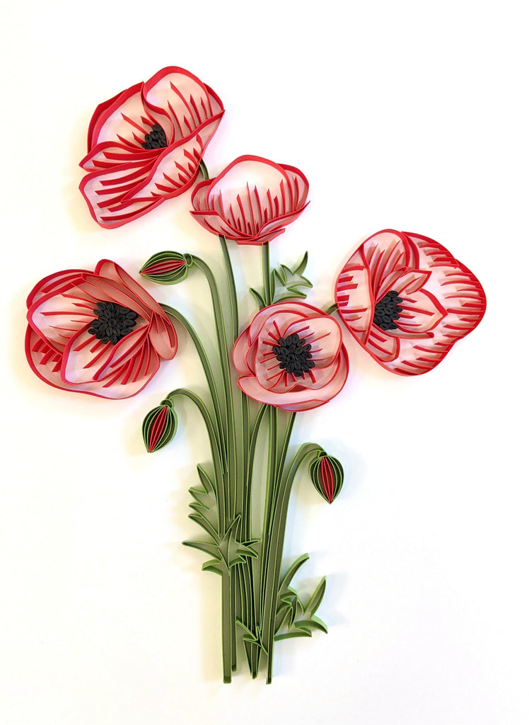 Poppies Artwork, Handmade paper quilling artwork made in California, USA. Sustainable and eco-friendly art work created by an artist in the bay area.
