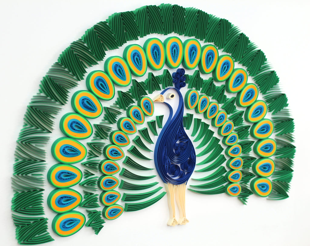 Mayura - Peacock, Handmade paper quilling artwork made in California, USA. Sustainable and eco-friendly art work created by an artist in the bay area.